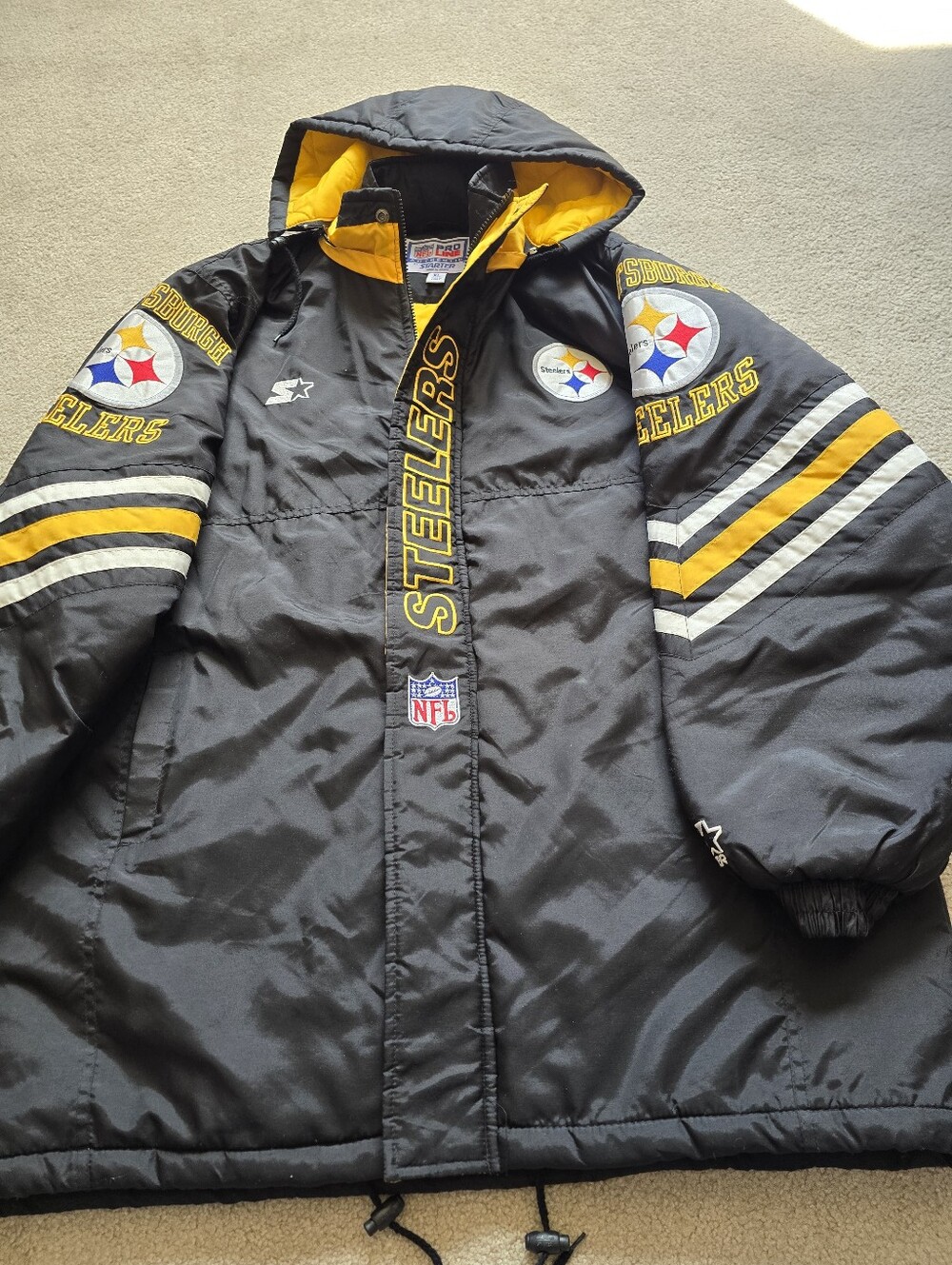 Vintage Starter NFL Pro Line Pittsburgh Steelers Hooded Puffer Jacket XL Rare